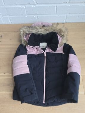 Roxy Black and Pink Quilted Faux-Fur Hooded Ski Jacket